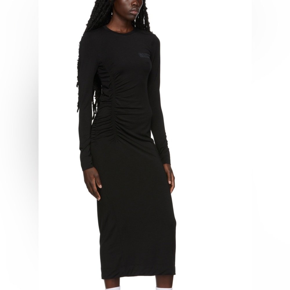 Ganni Black Long Sleeve Midi Dress with Ruched Detail